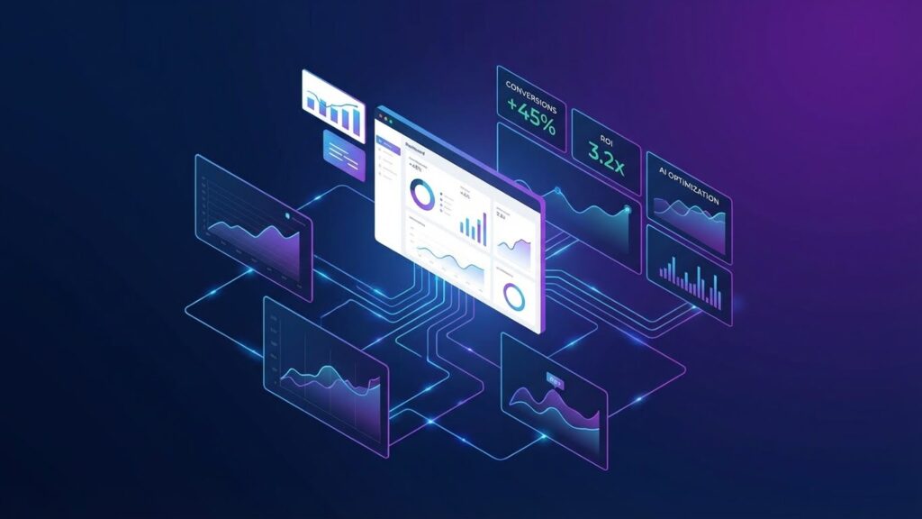 AI performance marketing dashboards and charts illustrating how smart Ahmedabad brands scale in 2026 with the Best AI Performance Marketer in Ahmedabad.

